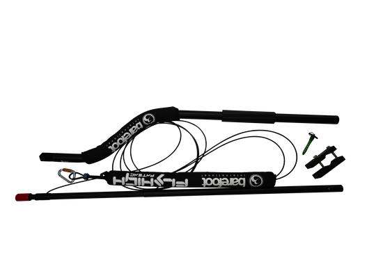 Black Deluxe Malibu XTI Boom with Barefoot International branding, curved padded arm, attachment hardware, and safety cables.
