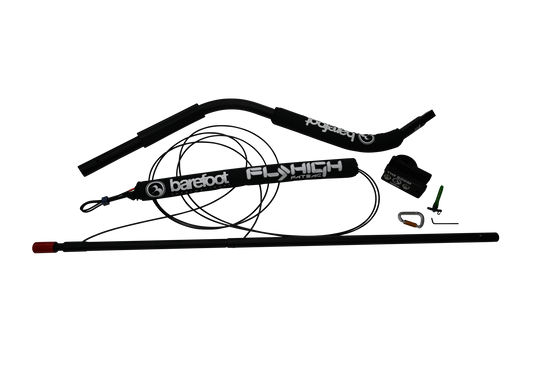 Angled view of the Deluxe Quad V-Drive Boom with black padded arms and Fly High and Barefoot International branding.