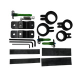 Close-up of Tower Boom clamp kit with black brackets, green pins, bolts, and a silver tube insert.