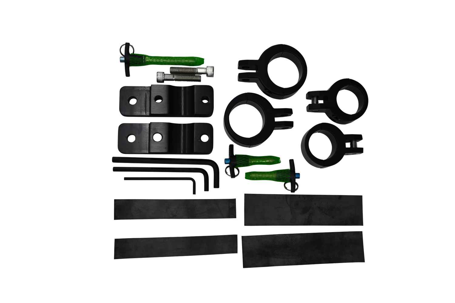 Close-up of Tower Boom clamp kit with black brackets, green pins, bolts, and a silver tube insert.