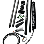 Top view of Tower Boom hardware set with black clamps, green pins, bolts, wrenches, and rubber strips.