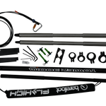 Angled view of Refurbished Tower Boom with black and silver boom poles, clamps, green pins, and padded cover.
