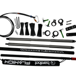 Angled view of Tower Boom with silver poles, black boom arms, clamps, green pins, and padded cover.