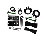 Top view of Tower Boom hardware kit with black brackets, green pins, wrenches, and rubber strips.