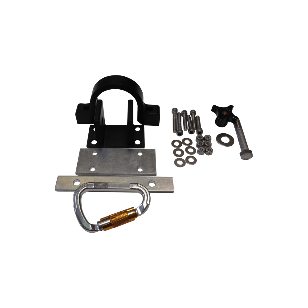 Disassembled Deluxe Gunnel Mount Boom bracket with screws, washers, and a silver carabiner.