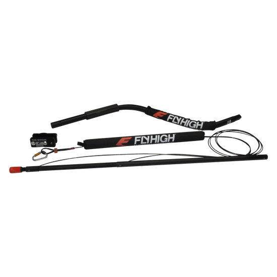 Black Deluxe Quad Contour Boom with Fly High branding, curved padded arm, attachment hardware, and safety cables.