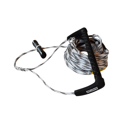 White and black tow rope with a black handle sitting on top of the coiled rope with a transluscent background.