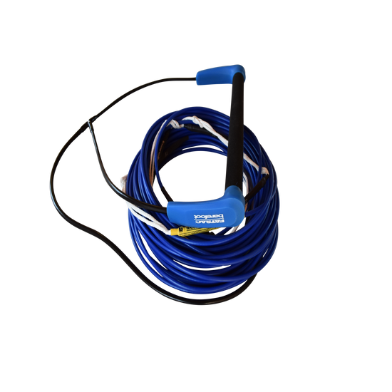 Blue cable rope with black and blue handle bundled in a tight circle with a transparent background.