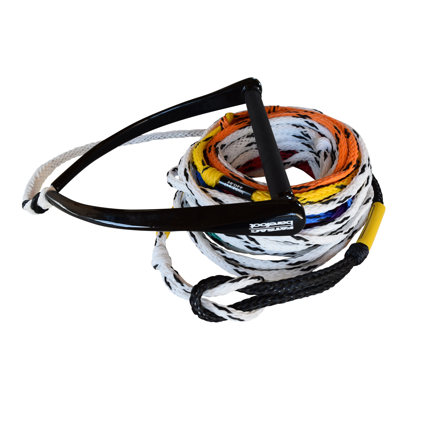 Coiled multicolored ski rope with black handle, featuring take-off loops for adjustable length.