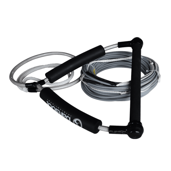 Angled view of BI Silver Spectra Rope Combo with a black handle, silver rope, and black foam grips.