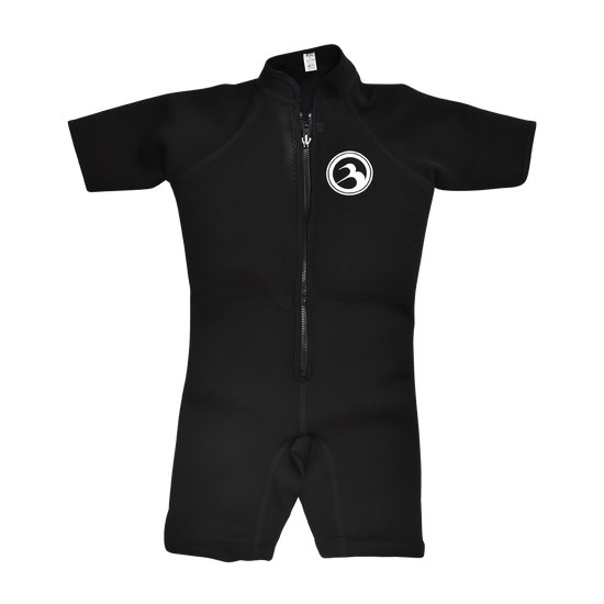 Front view of a black short-sleeve wetsuit with a front zipper and a white Barefoot International logo on the chest.