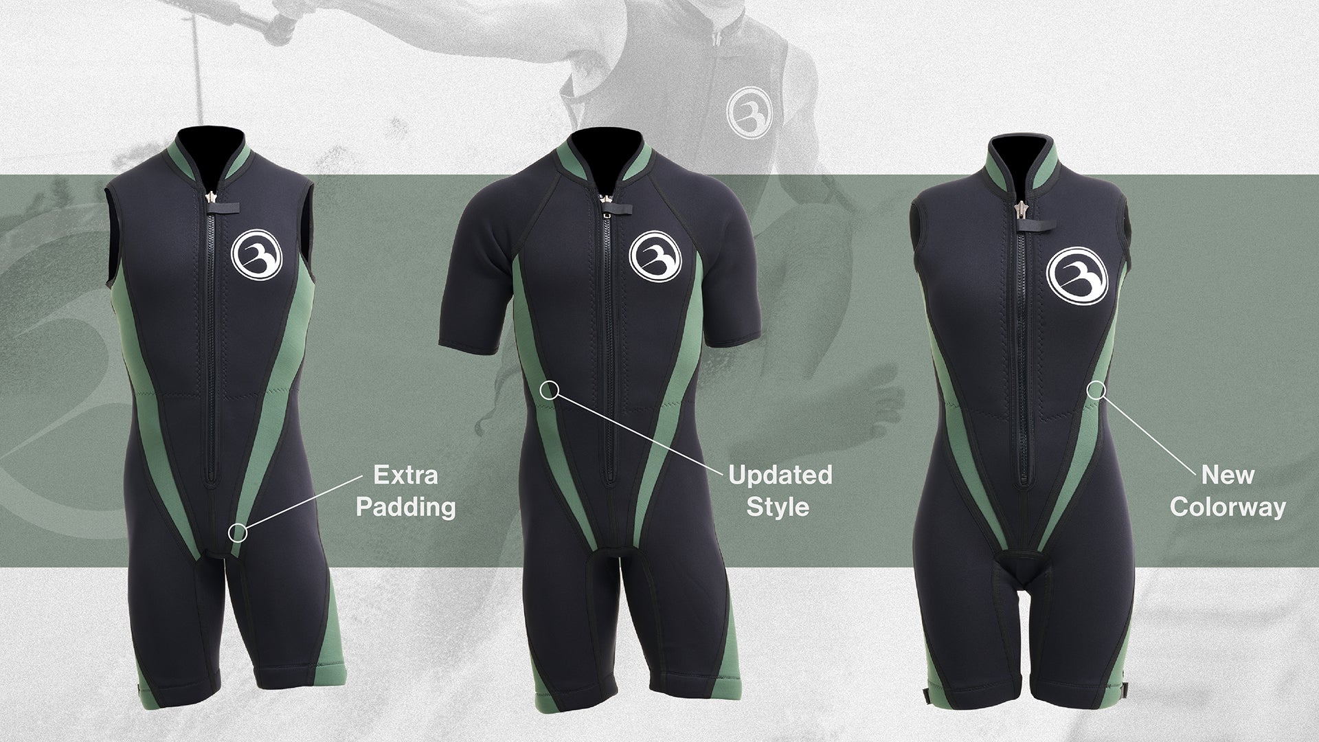 Three black and sage green wetsuits highlighting extra padding, updated style and new colorway.