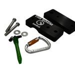 Angled view of the 3" Boom Clamp set with black clamp pieces, silver hardware, green pin, and a silver carabiner.