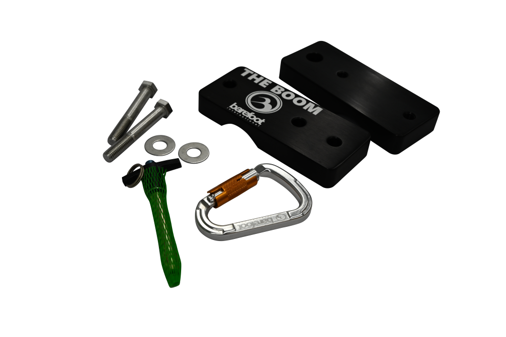 Angled view of the 3" Boom Clamp set with black clamp pieces, silver hardware, green pin, and a silver carabiner.
