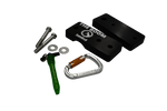 Angled view of the 3" Boom Clamp set with black clamp pieces, silver hardware, green pin, and a silver carabiner.