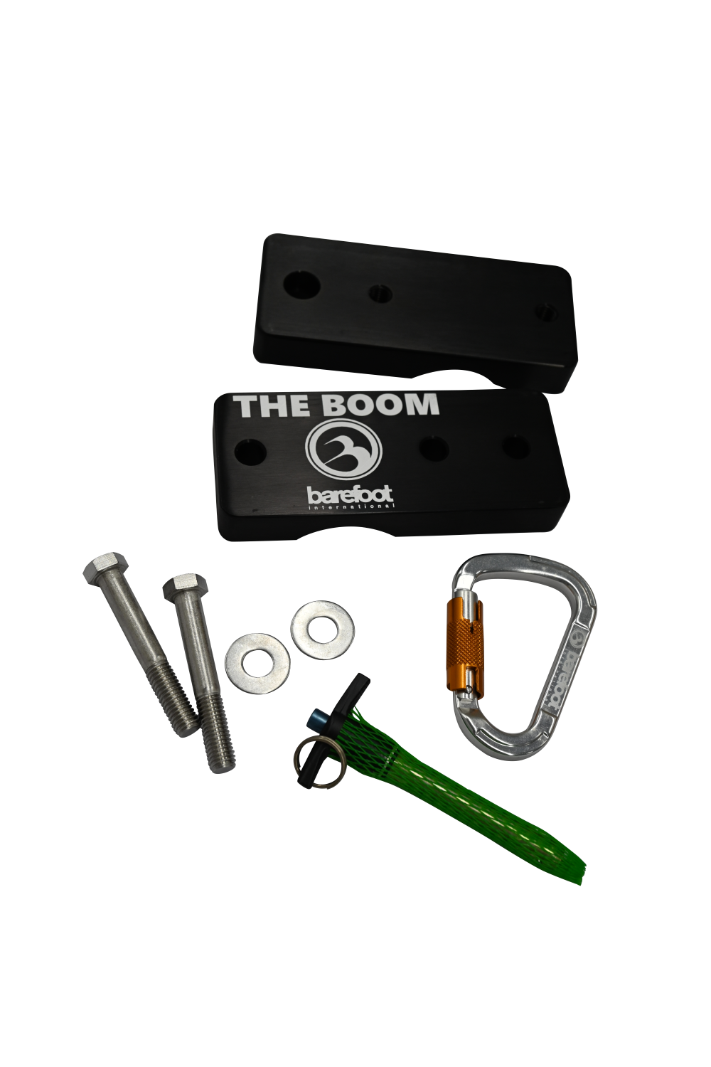 3" Boom Clamp set with black clamp pieces, silver bolts, washers, green pin, and a silver carabiner.