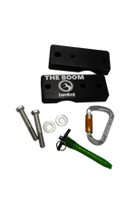 3" Boom Clamp set with black clamp pieces, silver bolts, washers, green pin, and a silver carabiner.