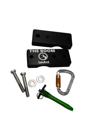 3" Boom Clamp set with black clamp pieces, silver bolts, washers, green pin, and a silver carabiner.