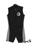 Front view of the Juniors Iron Sleeveless Wetsuit, a black wetsuit with gray side panels, a front zipper, and a chest logo.