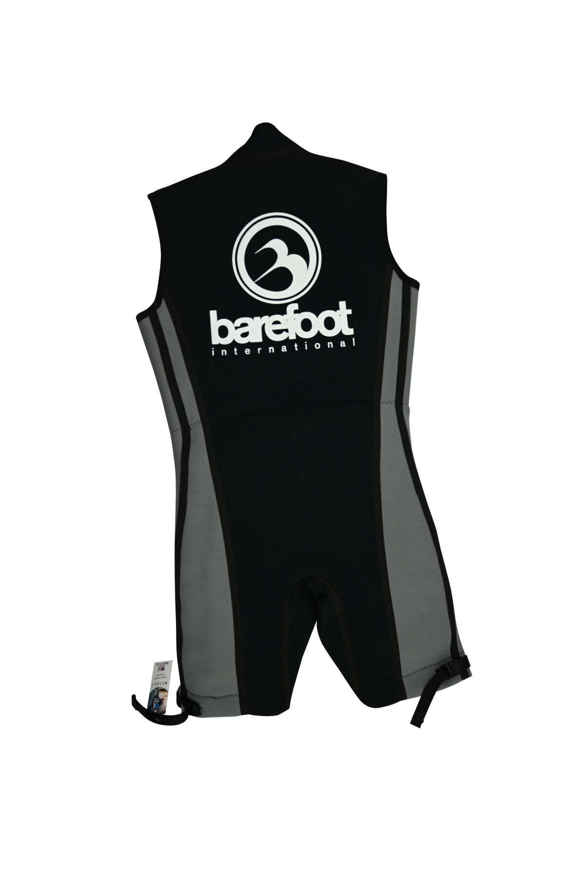 Back view of the Iron Sleeveless wetsuit in black with gray side panels and a large white logo.
