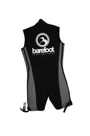 Back view of the Juniors Iron Sleeveless Wetsuit, featuring a large white logo and gray side panels.