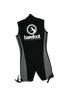 Front view of the Juniors Iron Sleeveless Wetsuit, a black wetsuit with gray side panels, a front zipper, and a chest logo.
