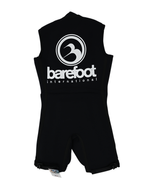 Back view of the Iron Sleeveless black wetsuit featuring a large white Barefoot International logo across the upper back.