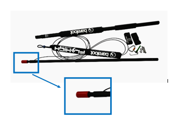 Top view of the Red Cap attached to a black boom pole with a zoomed-in inset highlighting the red cap detail.