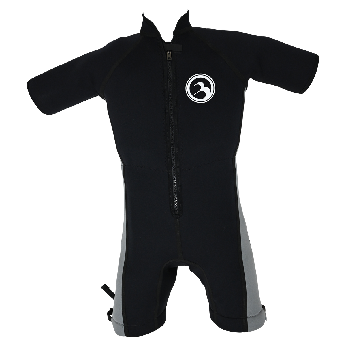 Front view of the Iron Short Sleeve Wetsuit, a black wetsuit with gray side panels, short sleeves, and a front zipper.
