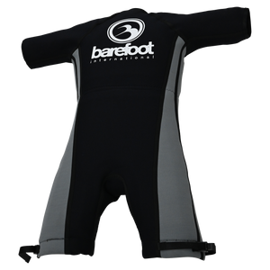 Angled view of the Iron Short Sleeve Wetsuit laid flat, showing black and gray panels with branding on the back.