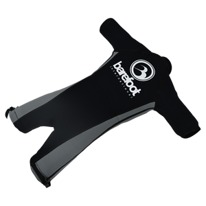 Angled view of the Iron Short Sleeve Wetsuit laid flat, showing black and gray panels with branding on the back.