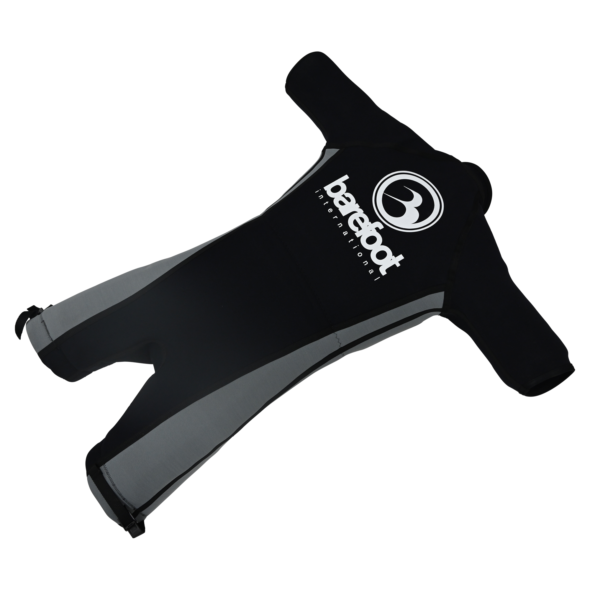 Black and gray Barefoot International wetsuit with short legs and sleeves, featuring a white logo on the chest.