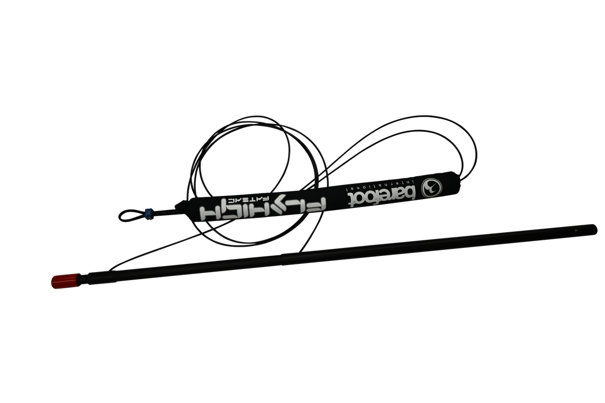Angled view of the black Deluxe Single / Straight Contour Boom with Fly High branding and an attachment system.