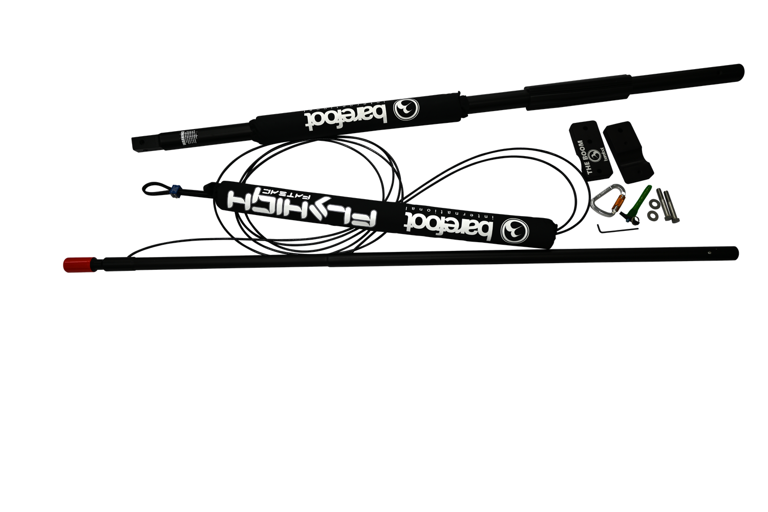 Angled view of the Deluxe Straight Boom with attachment hardware and black padding featuring Fly High branding.