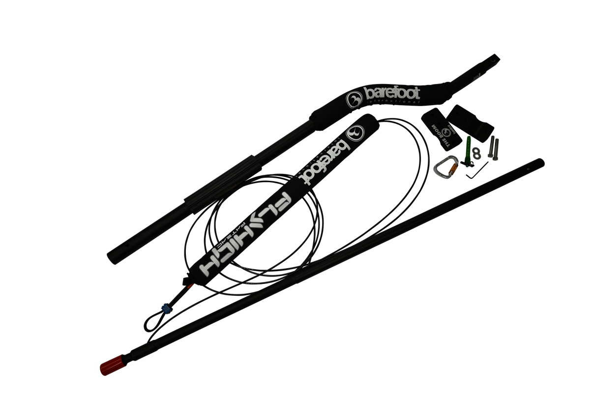 Angled view of the Deluxe Universal Contour Boom with a black padded boom, silver extension, red cap, and hardware.