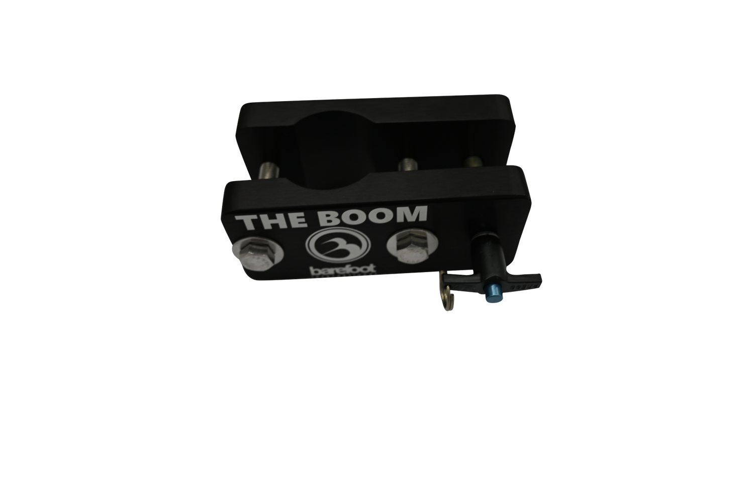 Close-up of the black metal clamp for the Deluxe Single / Straight Contour Boom with branding and a quick-release pin.