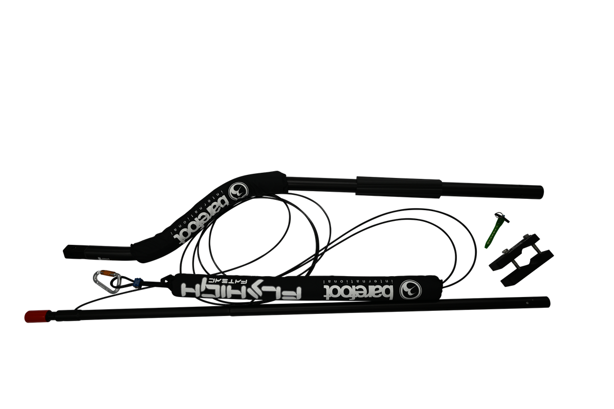 Black Deluxe Malibu XTI Boom with Barefoot International branding, curved padded arm, attachment hardware, and safety cables.