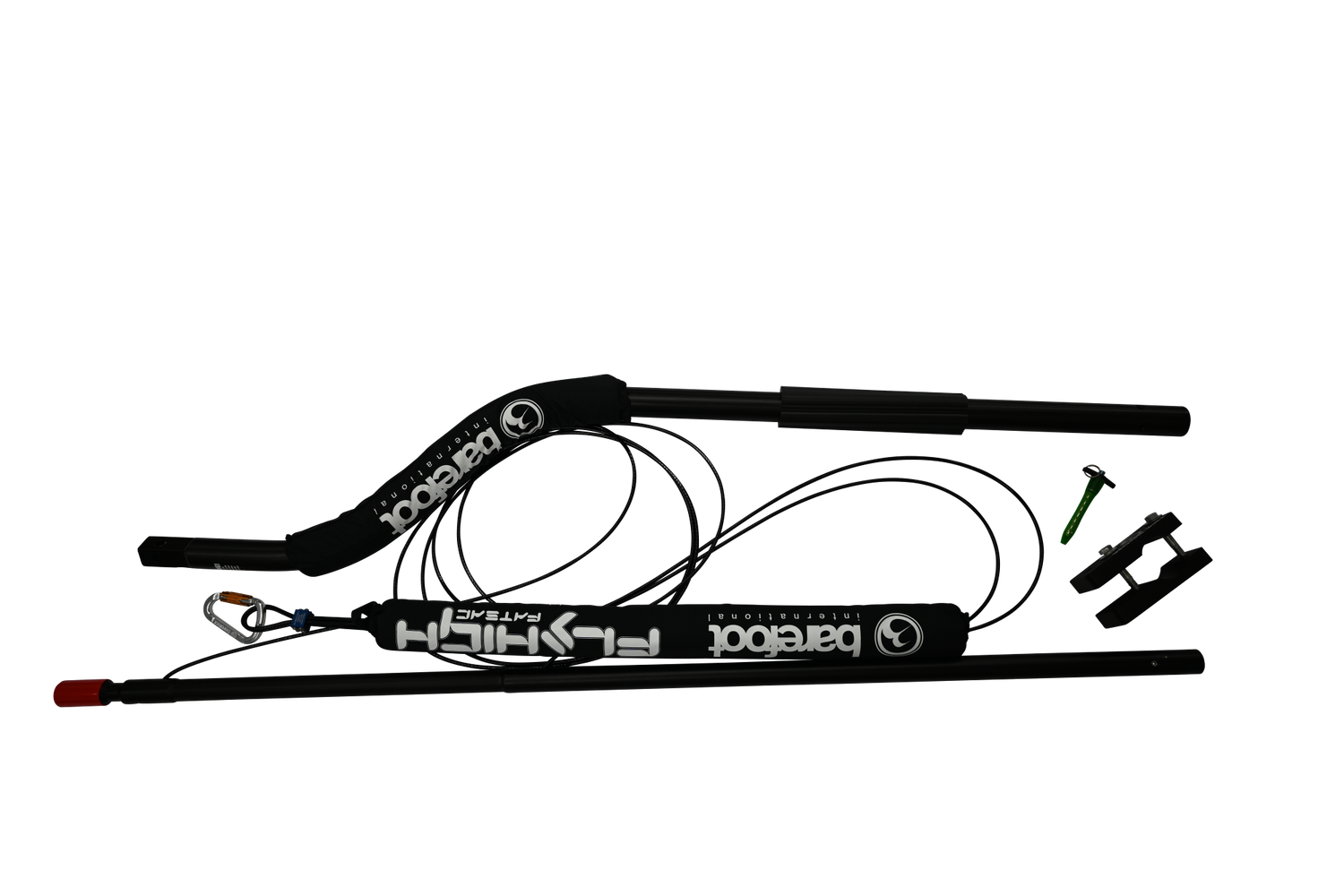 Black Deluxe Malibu XTI Boom with Barefoot International branding, curved padded arm, attachment hardware, and safety cables.