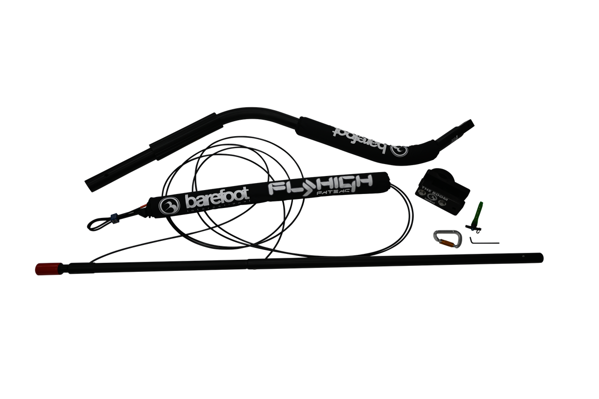 Angled view of the Deluxe Quad V-Drive Boom with black padded arms and Fly High and Barefoot International branding.