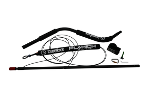 Angled view of the Deluxe Quad V-Drive Boom with black padded arms and Fly High and Barefoot International branding.