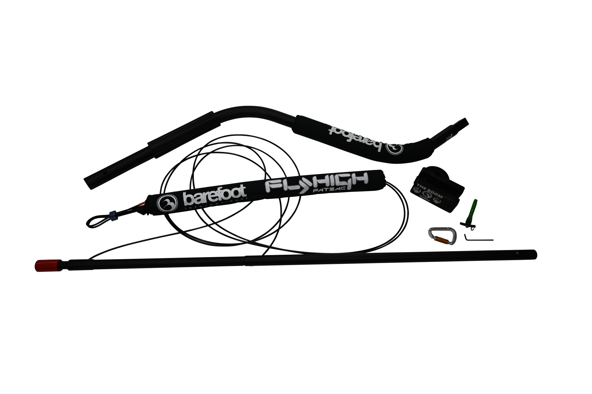 Angled view of the Deluxe Quad V-Drive Boom with black padded arms and Fly High and Barefoot International branding.