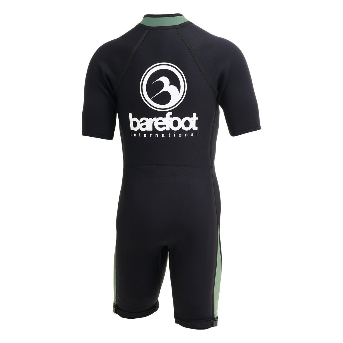 Back of the black and green Iron Short Sleeve Wetsuit with a large logo on the shoulders.