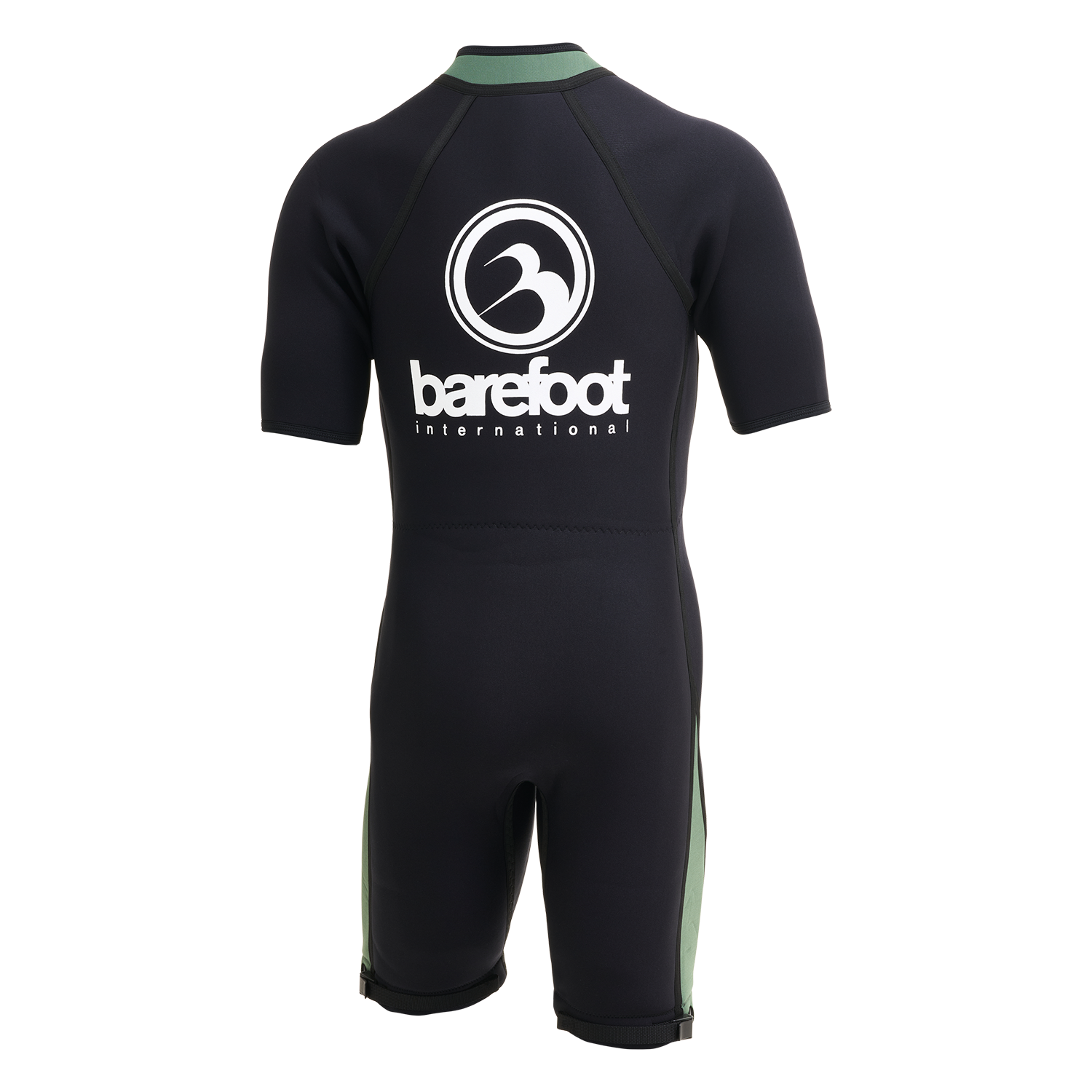 Back of the black and green Iron Short Sleeve Wetsuit with a large logo on the shoulders.