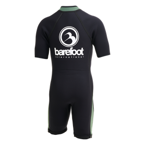 Back of the black and green Iron Short Sleeve Wetsuit with a large logo on the shoulders.