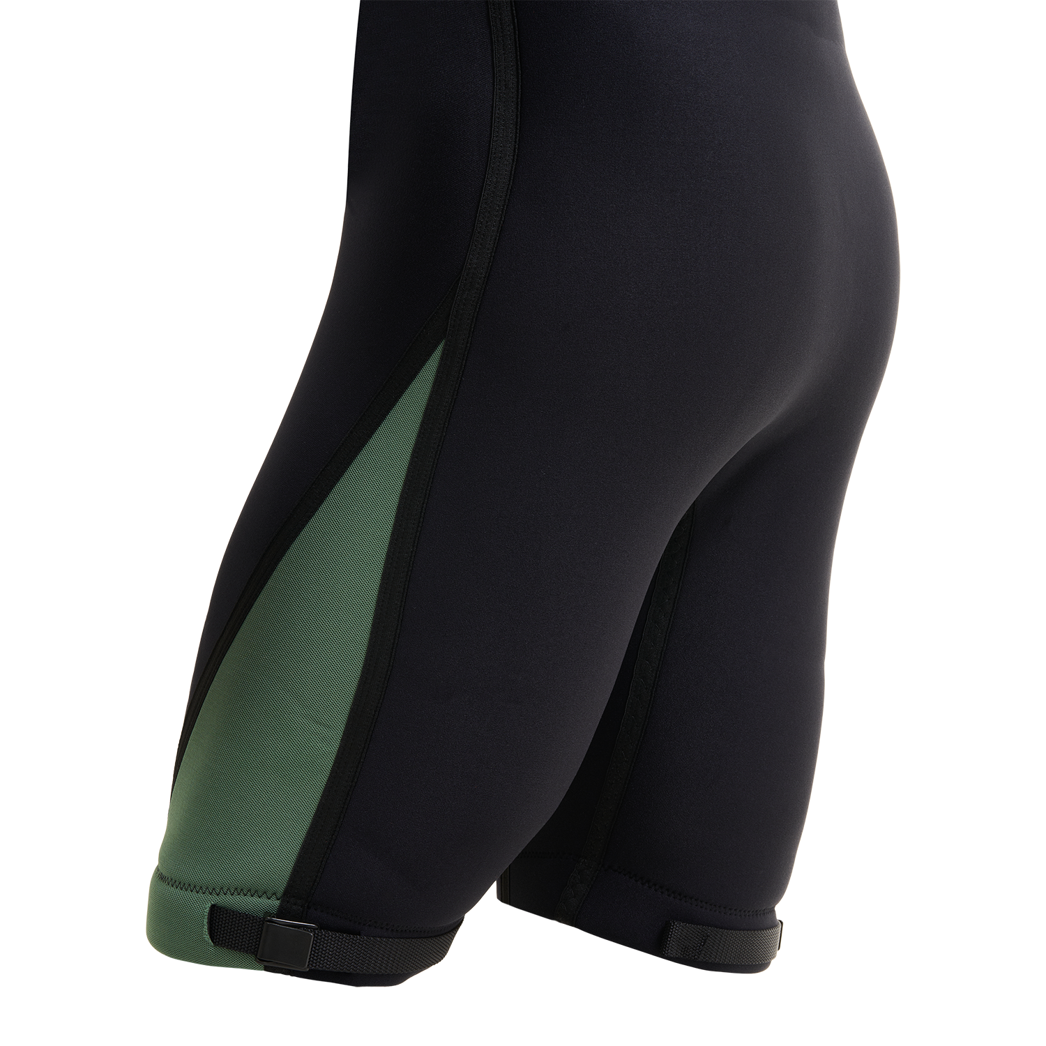Close-up of the leg, green side paneling and strap on the Iron Short Sleeve Wetsuit.