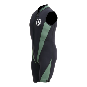 Side view of the black and green Iron Juniors Sleeveless Wetsuit showing the curved green paneling.