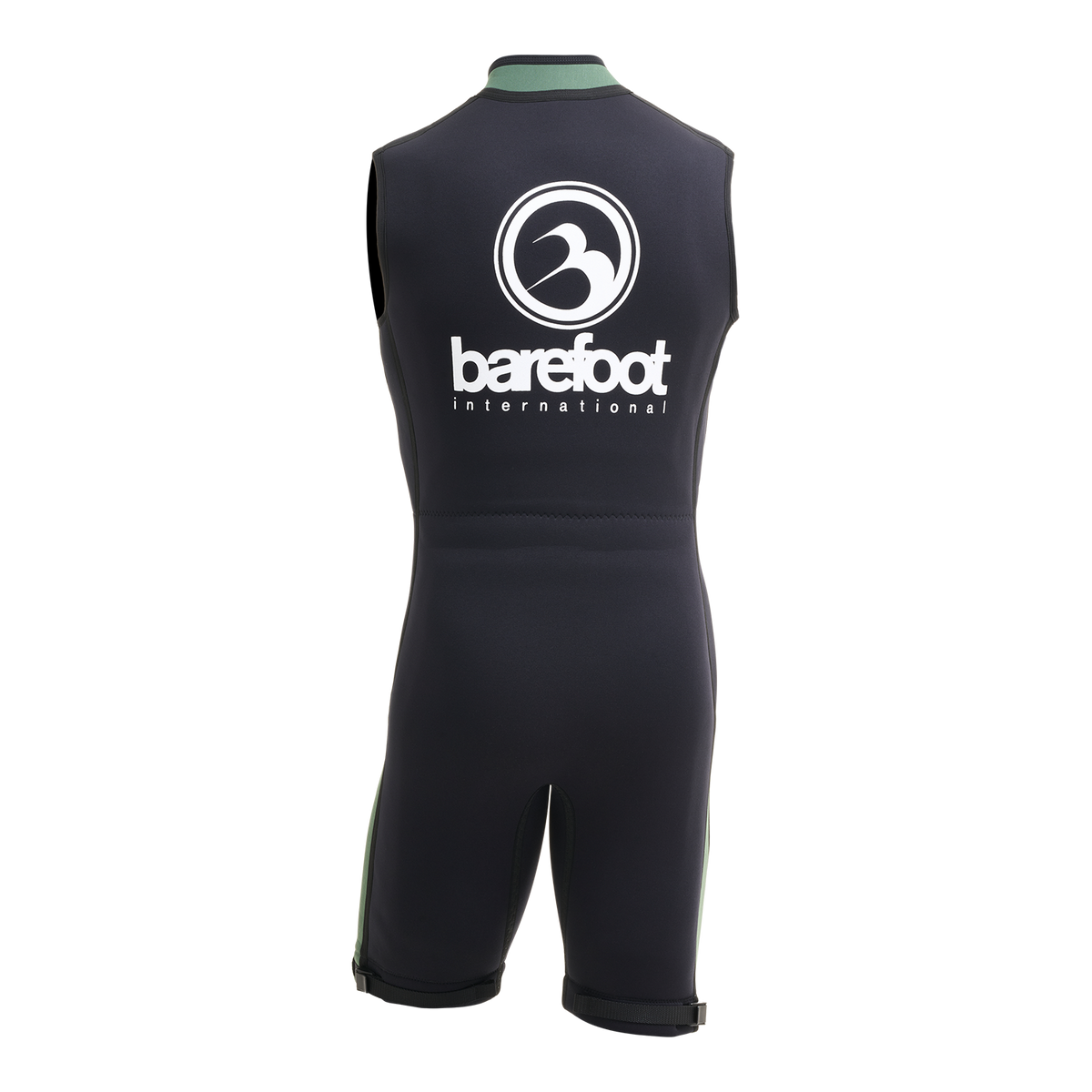 Back of the black and green Iron Juniors Sleeveless Wetsuit with a large logo on the shoulders.