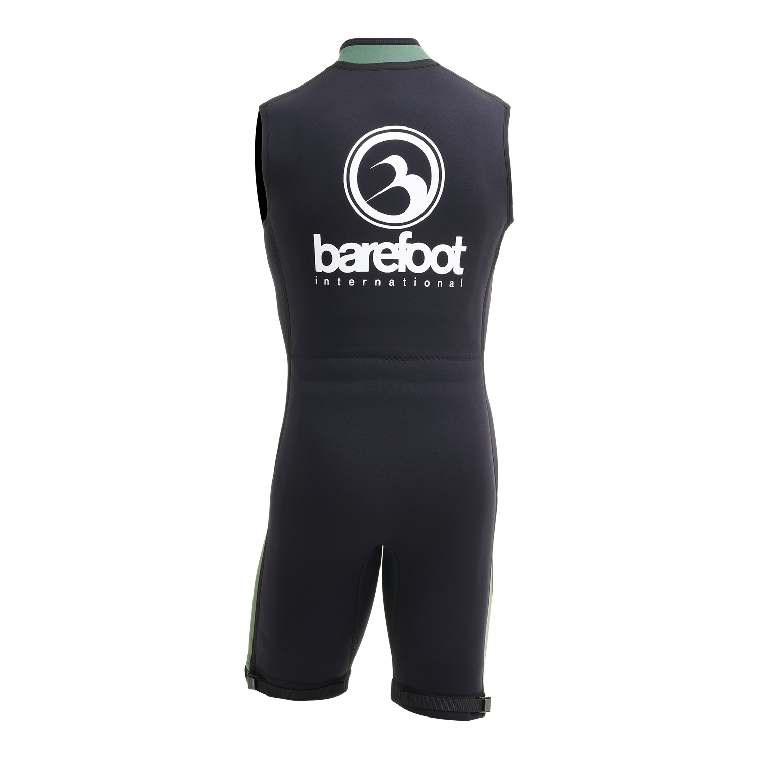 Back of the black and green Iron Juniors Sleeveless Wetsuit with a large logo on the shoulders.