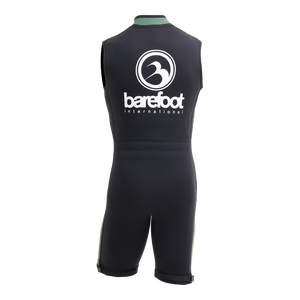 Back of the black and green Iron Juniors Sleeveless Wetsuit with a large logo on the shoulders.