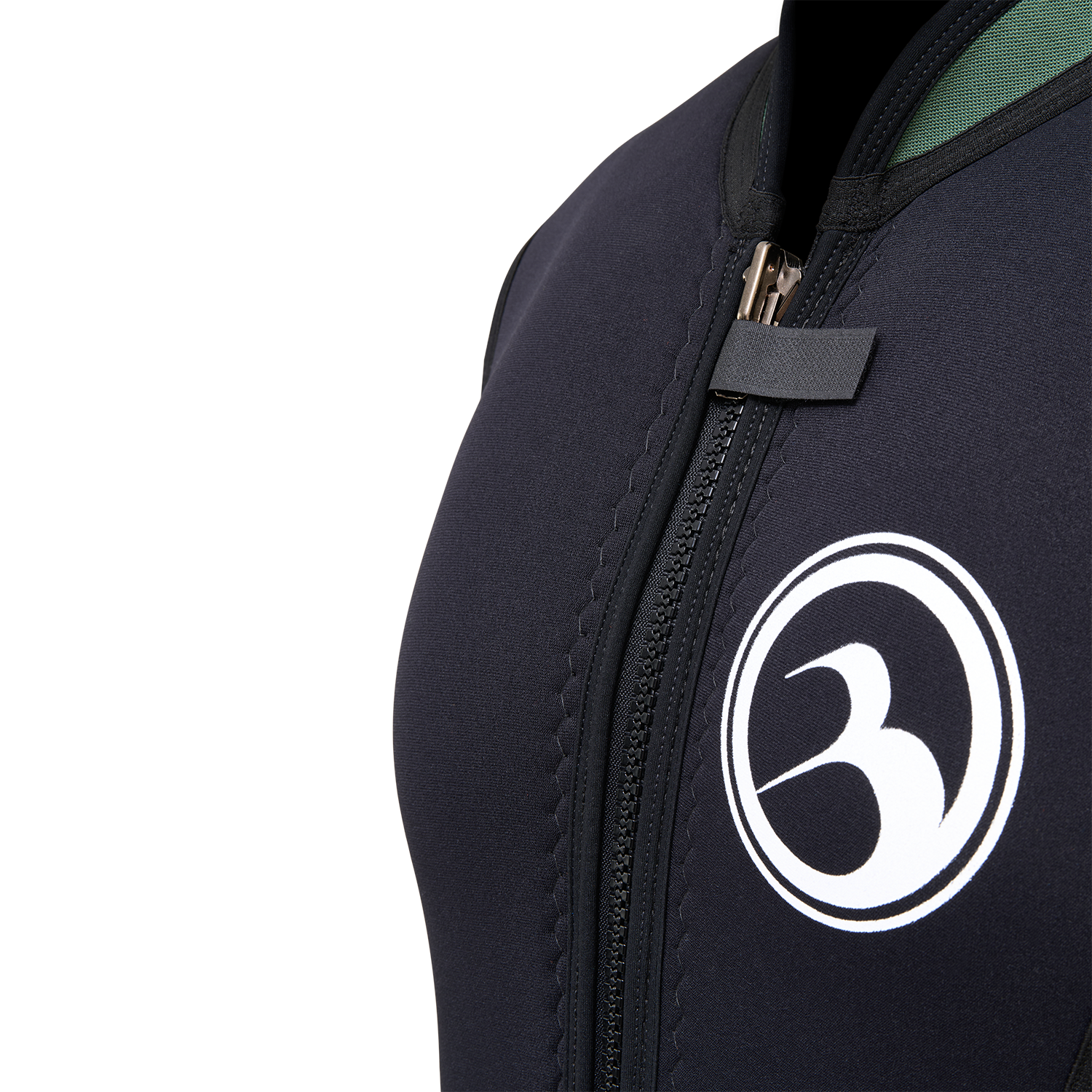 Close-up of the front zipper, pull tab and logo on the Iron Juniors Sleeveless Wetsuit.